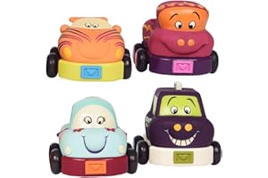 B. TOYS B. Zabawki - Wheeee - ls Soft Pull - Samochody z tyłu - Zestaw 4 pojazdów dla niemowląt i małych dzieci - Zabawne i kolorowe wzory zwierzęce - Zabawka do wczesnego rozwoju - 12 miesięcy