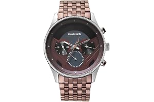 Fastrack Mens Thor Quartz Multifunction Two Toned Black & Red Dial Brown Metal Strap Watch for Guys NT3286KM01