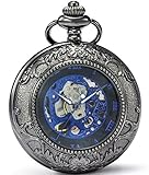 SEWOR Vintage Lupe Skelett Taschenuhr Mechanische Hand Wind Taschenuhr enthalten Marke Leder Box (Schwarz Blau)