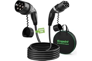 ‎ECOPOINT ECOPOINT Typ 2 Ladekabel für Elektrofahrzeuge, 22 kW, tragbares 3-Phasen 32A,Mennekes Mode 3 Ladekabel für EV und PHEV (5M Gerades Kabel)
