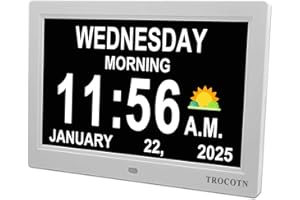 TROCOTN Zegar z demencją, zegar cyfrowy z datą i dniem dla osób starszych, alzheimera zegar dzienny duży wyświetlacz kalendarz zegar (10 Cale Biały)