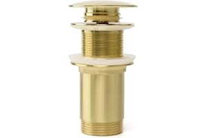 OPERMAXER Bonde universelle sans trop-plein, vis de vidange pop-up, en laiton massif, pour lavabos et lavabos, installation sans outil, or brossé, sans trop-plein