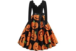 BTBDYDH Halloween Swing Kleid für Frauen Gothic Kleidung Damen Halloween Partykleid für Frauen Langarm Cocktail Swing Kleid Kürbis Fledermaus Hexe Bedruckte Cosplay Hepburn Kleider Halloween KostüMe Damen
