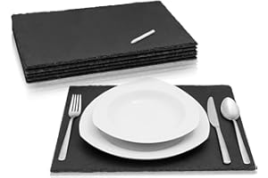 Amazy Schieferplatten Set (6 Stück) inkl. Kreidestift zum Beschriften – Dekorative Servierplatten aus naturbelassenem Schiefer für das geschmackvolle Anrichten von Speisen und Gedeck (40 x 30 cm)