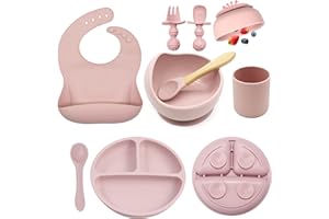 ILEYLUY Baby Feeding Set, 8 Pack Baby Led Weaning Supplies, Suction Bowl Divided Plate, Toddler Self Feeding Dish Set with Spoons Forks Sippy Cup Adjustable Bib, Eating Utensils for 6+ Months (Light Pink)