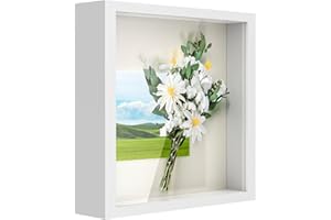 Anhow 3D Marco de Fotos 20x20 cm, Marcos 3D con Profundidad 3cm con Panel de Vidrio Transparente para Fotos, Flores, Recuerdos, Manualidades, Souvenirs, Recuerdos de Bodas - Blanco