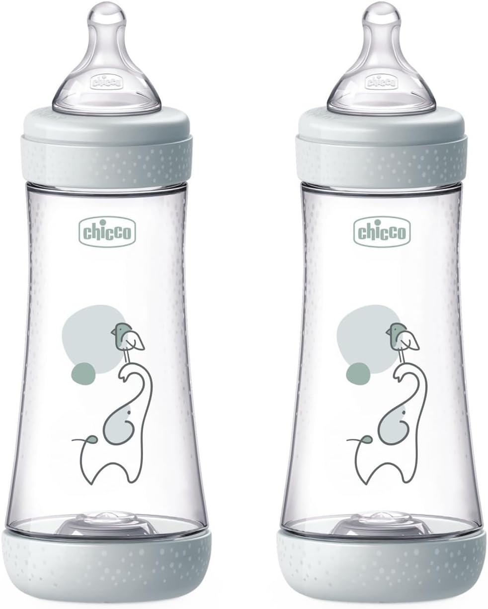 Chicco PERFECT 5 2 Biberón anticólicos de 300 ml, Doble biberón de flujo rápido para mayores de 4 meses con tetina de silicona suave,biberón similar al pecho materno,biberón para lactancia mixta, gris