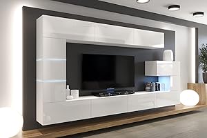 ‎FURNITECH Furnitech Wohnwand Wohnzimmer - Möbel mit LED Weiß - Hängend Wohnwand Modern - Schrankwand mit Regale und TV Schrank (AN89NEW-21W-HG2)