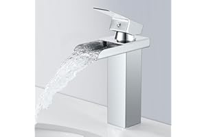 SINKTORY Wasserfall Wasserhahn Bad, Chrom Wasserhahn Waschbecken für Badezimmer, Einhandmischer Waschtischarmatur, Keramikventil, Kaltes und Heißes Wasser Vorhanden, Messing Armatur Bad