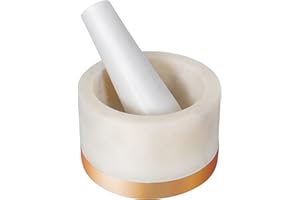 Divit Shilp Mortero y mortero, hecho de piedra dura pulida resistente, molinillo de piedra natural para especias, pastas, hierbas, condimentos, etc. (Marble with Brass Base)
