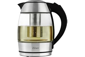 ZILAN Z ŞEKIL Zilan Bollitore in vetro con filtro, luce LED blu, capacità 1,8 litri, base rotante a 360°, protezione contro l'ebollizione a secco, 2200 Watt