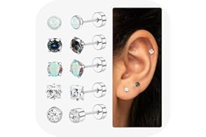 Diamday 5 Paar G23 Titan Ohrringe für Damen Männer Chirurgenstahl Hypoallergene Ohrstecker Knorpel Opal CZ Flache Ohrringe Set Schmuck Piercing Set