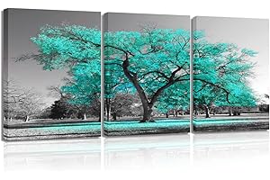 Visual Art Decor Blaugrün und Grau Schlafzimmer Bild für Wand 3 Stück Türkis Blüte Baum des Lebens Leinwanddrucke Gerahmte Baummalerei Kunstwerk für Modernes Wohnzimmer Home Office Badezimmer