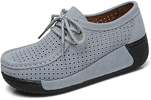 SRUQ Mocassins Femme Chaussures Compensées Daim Cuir Espadrilles Respirant Fermeture à Lacets Slip-on de Décontractées Chaussures Plates