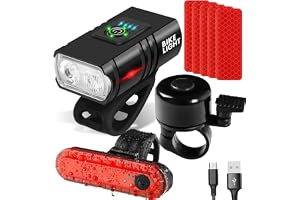 NAKOSITE BK02 Cykellampa fram/bak, 1 500 lumen, komplett säkerhetssats med cykelklocka + 10 reflekterande klistermärken, IPX5