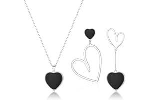 EVER FAITH Zestaw biżuterii dla kobiet, czarne serce, wisiorek, naszyjnik i asymetryczne kolczyki, zestaw biżuterii, prezent dla kobiet, pozłacany 14-karatowym złotem
