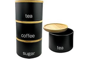SAFRI 3 Pieces Jar with Wooden Lid Tea Coffee Sugar Canister Storage Container Bowl Pots Kitchen Storage Tins (Black)