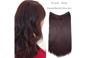 SEGO 20"(50cm) Extensiones de Pelo Natural con Hilo Invisible Sin Clip Cabello Sintético Se Ve Natural Una Pieza Larga Lisa Postizos Pelucas (90g,Negro Natural & Vino Rojo)