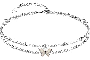 CHIC & ARTSY Womens Anklet 925 Sterling Silver Created Opal Layered Anklet Bracelet Dainty Beaded Chain Anklet Adjustable 11" Best Friend Anklet for Women