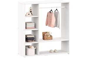 IDIMEX Armadietto per bambini Rafael con asta appendiabiti in pino bianco armadio aperto con scomparti e ripiani, design scandinavo, scaffale per bambini secondo i principi Montessori