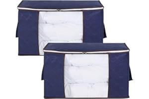 AIDBUCKS Lot de 2 sacs de rangement 60 x 35 x 43 cm avec poignée renforcée et fermeture éclair solide en tissu épais pour linge de lit, vêtements, coussins, pliable, grand bleu, lot de 2.