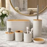6 Par&ccedil;a Banyo Seti, Bambu Detaylı, 8L &Ccedil;&ouml;p Kovası 24x26x16 cm (Krem)