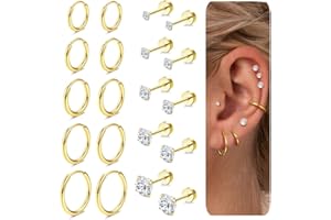Diamday 10 Paar 20G Ohrstecker Ohrringe Set für Damen Herren Edelstahl Knorpel Creolen Ohrringe Zirkonia Klein Ohrstecker Set Helix Hypoallergen für Mehrfachpiercing Silber Gold