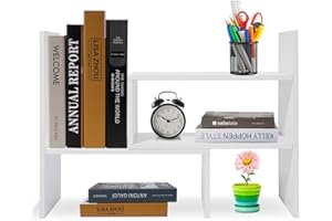 Hossejoy Adjustable MDF Desktop Bookshelf Desk Storage Organizer Display Shelf Rack, Counter Top Bookcase,White