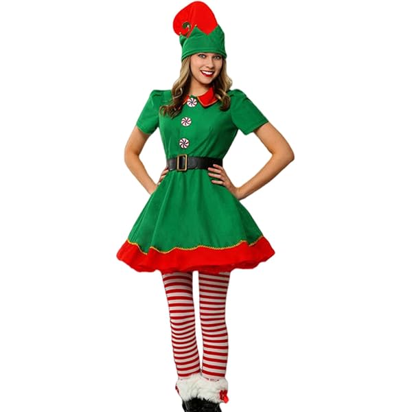 Costume Lutin/Elfe De Noël Femme - Robe, Bonnet, Bas, Ceinture - Tenue De Fête Pour Soirée Noël Ou Cosplay