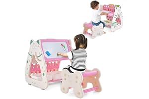 GYMAX Cavalletto per Bambini 3 in 1 con Ripiano, Sgabello Regolabile, Gomma e 4 Pennarelli, Lavagna Magnetica su Supporto Bifacciale, Adatto per Bambini da 1-5 anni, 56 x 54 x 63 cm (Rosa) (Rosa)