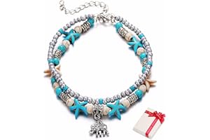 Ouceanwin Boho Türkis Fußkette Damen, Verstellbar Geschichtete Fußkettchen Elefant Anhänger Mehrschichtige Knöchel Schmuck Charm Sandstrand Fußschmuck Boho für Frauen Mädchen