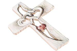 LiebeWH Carved Wooden Cross Intertwined Hearts Wall Art for Home Study Bedroom, 9.1x6.7in (red love cross)