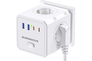 BURNNOVE Wielofunkcyjne Gniazdo Kostkowe 8 w 1 z 2 Portami USB C, 2 Typ A USB, 4 Schuko Gniazda AC (4000W/16A), Kostka Elektryczna z Przełącznikiem do Domu, Biura