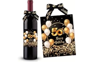 SEUNKIEER 50. Geburtstag Flaschenetikett mit Schleife Schwarzes Gold Lack veredelt 10x12,7cm Happy Birthday 50 - Geburtstagsdeko Geburtstagsgeschenk Geschenke für Frauen Männer