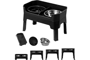 YY FOREYY FOREYY 4-in-1 Adjustable Elevated Dog Bowls with Slow Feeder, 4 Height Non Slip Raised Dog Bowl Stand with 2 Stainless Steel Food Water Bowls & Licking Plate for Small Medium Large Pets (Black)