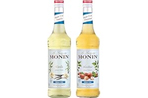 MONIN - Assortiment Vanille & Noisette Sans Sucre - Pour Café, Chocolat Chaud, Capuccino ou Latte - Arômes Naturels - Bouteille en Verre - 2 x 70 cl