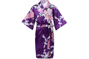 Aislor Enfant Fille Peignoir Pyjama de Chambre Kimono Japonais Style Long Robe Chemise de Nuit Paon Floral Imprimé Pyjamas Vêtements de Nuit 3-14 Ans