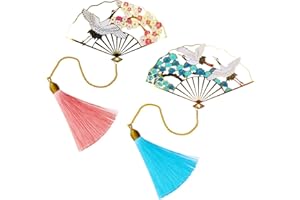 Qixuer Zakładka, metalowa zakładka, 2 sztuki, biały żuraw zakładki z pięknymi i eleganckimi frędzlami, kształt wachlarza, wykwintne zakładki w klasycznym stylu do czytania książek, idealny prezent dla