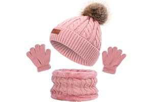 NLAND 3 in 1 Set de Bufanda Gorro Guantes Niña Niño Conjunto de Cálido Gorro de Punto Invierno con Pompon, Braga Cuello con Forro Polar y Guantes Termicos para Niña Niño 2-6 Años