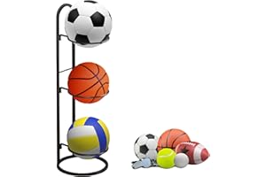 SVUPUE 3 Tier Ball Storage Rack, Vertical Ball Storage Rack, Ball Stand, for Storing Footballs, Basketballs, Volleyballs, Black
