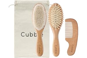 Cubble 4-Piece Baby Hair Brush and Comb Set with Storage Bag for Newborns and Toddlers, 100% Natural Beech Wood Hair Brush with Soft Goat Bristles and Comb, Cradle Cap Treatment and Massage Brush