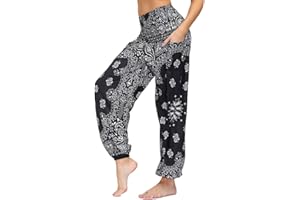 Nuofengkudu Women's Harem Hippie Pants Baggy Boho Patterned High Waist Smocked Waist Thin with Pockets Lounge Trousers for Yoga Summer Beach