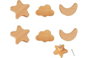MHwan tiradores cajones, 6 piezas grande madera maciza tiradores cocina, textura natural estrellas, luna y nubes pomos y tiradores infantiles, decoración cerca de la naturaleza