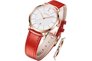 OLEVS Ladies Quartz Watch Minimalist Casual Ultra-Thin Design & Leather Strap & Waterproof & Date Elegant Watch