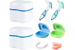 SUPAWAY 2 Stück Protesenbehälter + 2 Stück Prothesendose mit Spiegel Zahnspangendose mit Sieb Zahnprothese Etui mit 2 Stück Prothesenreinigungsbürste für Falsche Zähne Lagerung Reinigung Grün + Blau