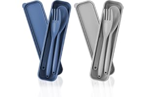 JINGIHE Duże sztućce z tworzywa sztucznego wielokrotnego użytku, 2 zestawy sztućców podróżnych zakryte pudełko z widelcami, łyżkami, na kemping, piknik, do użytku na zewnątrz, do biura (niebieski i