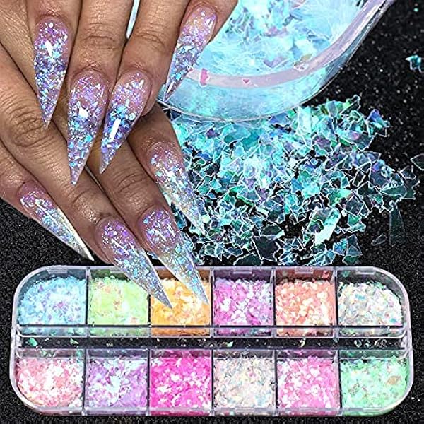 Torokom 3D Abalone-Muschel-Nagelpailletten – 12 Farben In Box, Holografisch, Für UV-Gel & Maniküre