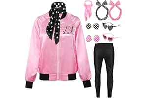 Mrsclaus Pink Ladies Damen 50er Jahre Outfit Schicke Jacke Kostüm Set für Frauen mit Schwarze Leggings Brille Ohrringe Halloween Fasching Kostüm Party