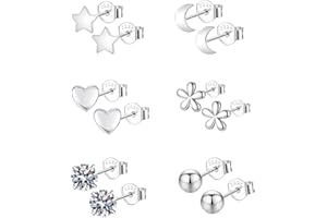 Epoch World Kolczyki na sztyfcie ze srebra próby 925, 6 par, srebro wysokiej próby 925, dla kobiet, hipoalergiczne, małe kwiaty, kulka, serce, gwiazdy, księżyc, kolczyki sztyfty, cyrkonie, chrząstka