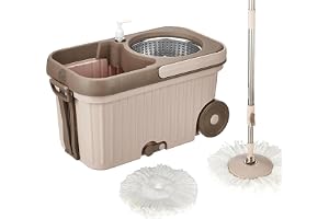 Amazon Brand - Presto! Elite Spin Mop with Steel Wringer and Auto-fold Handle, Chestnut, 2 Refills